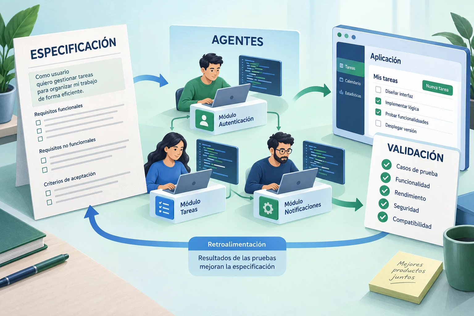 Ilustración del curso: especificaciones, agentes de desarrollo, aplicación y validación con un ciclo de revisión
