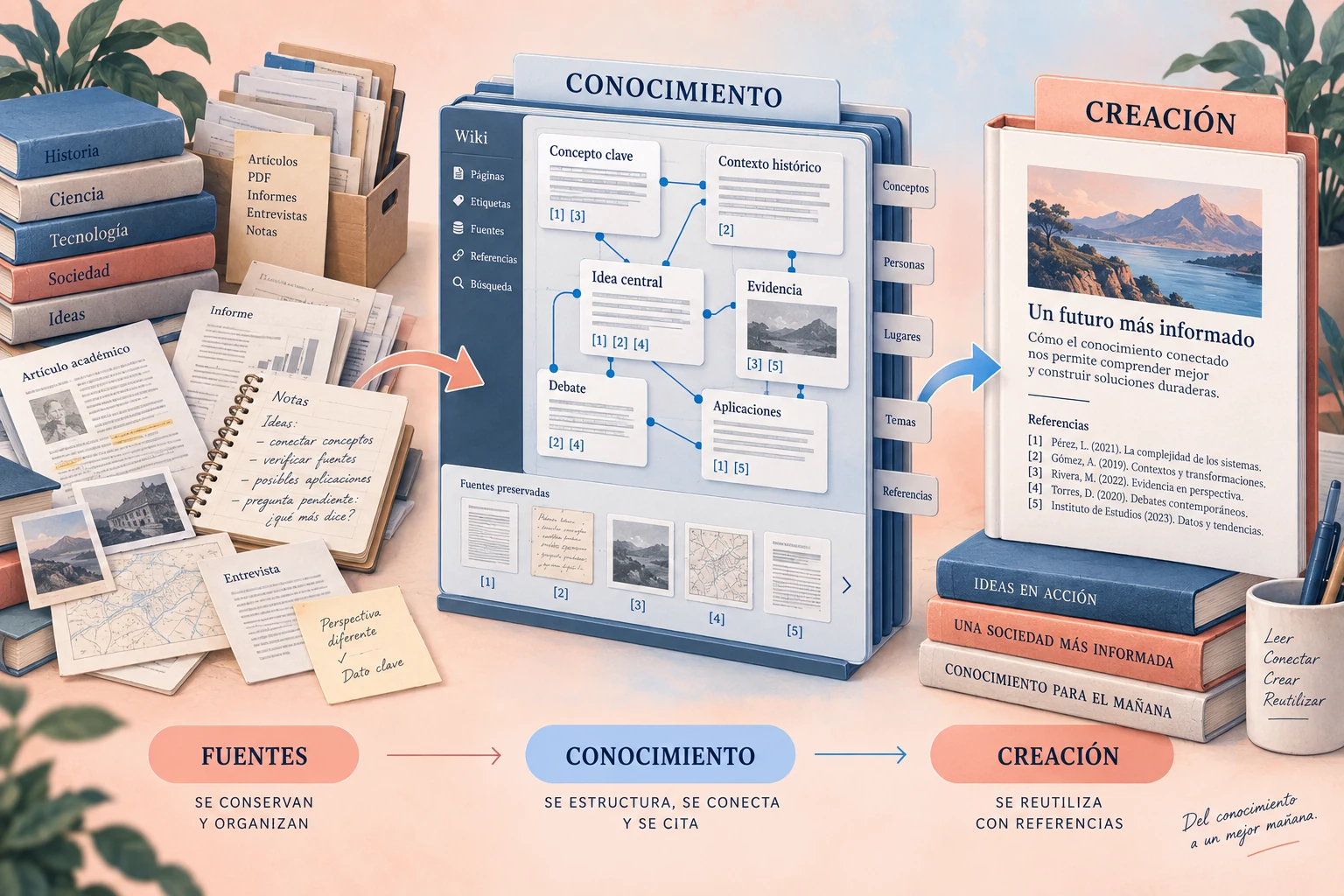 Ilustración del curso: fuentes conservadas, conocimiento conectado en una wiki y creación de publicaciones con referencias