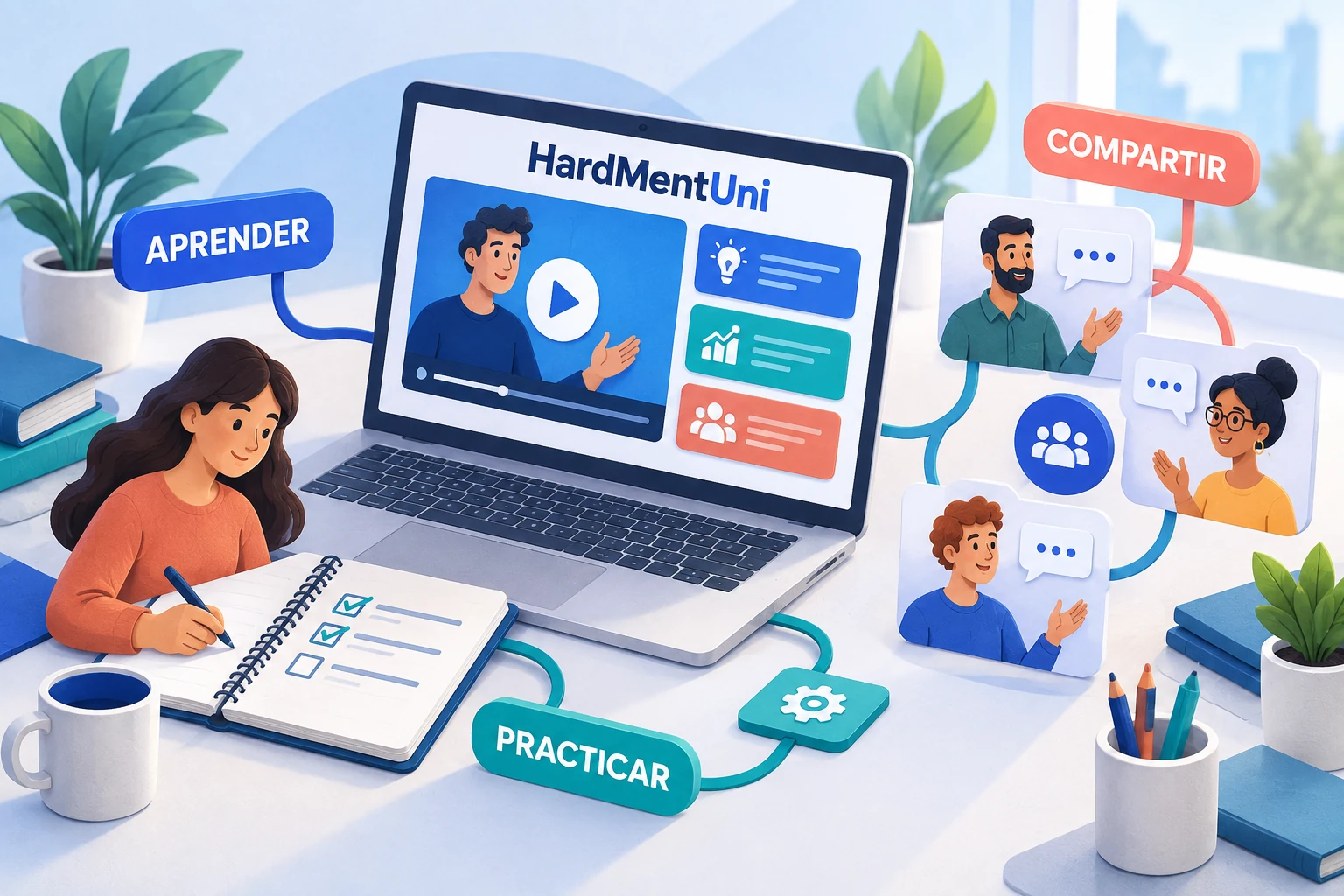 Ilustración de HardMentUni: lecciones en vídeo, práctica con ejercicios y personas que comparten conocimiento