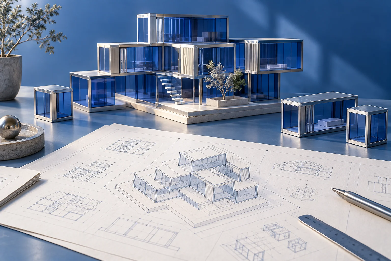 Ilustración de planos y especificaciones para construir software